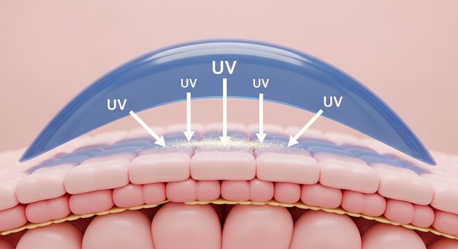 UV rays penetrate skin layers. Protection shield blocks harmful radiation. Skin cells are shown in cross-section. Diagram highlights UV exposure reduction. Visual explains sun protection mechanism