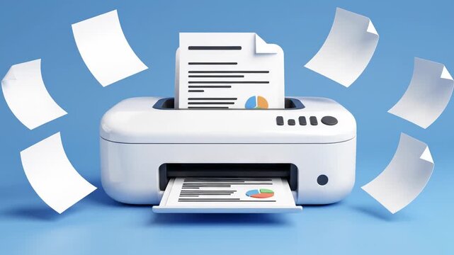 Office printer printing documents and floating paper sheets on a blue background illustrating business efficiency and productivity