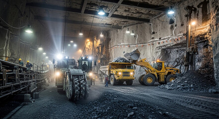 Fototapeta premium Underground Mining Operation - Heavy Machinery Extracting Resources.
