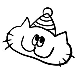 Hand drawn outline of cat wearing party hat for kid colouring book, decoration, kitten cartoon, characters, comic, mascot, stickers, tattoo, pet shop, vet, animal, home decor, house, yard, playtime © PPCREATIVES