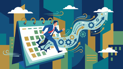 Fototapeta premium A businessman runs alongside a calendar, symbolizing the urgency of managing time and productivity in a vibrant urban setting filled with gears and motion.