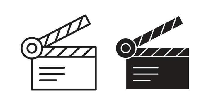 Film clapperboard icons line and solid version, outline and filled vector design set