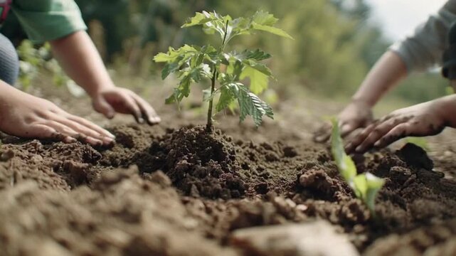 Kids planting young trees in the forest for reforestation