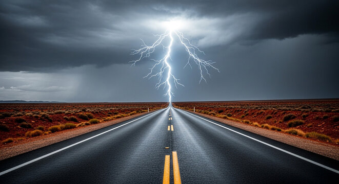 Dramatic thunderstorm with lightning striking over empty desert highway at dusk