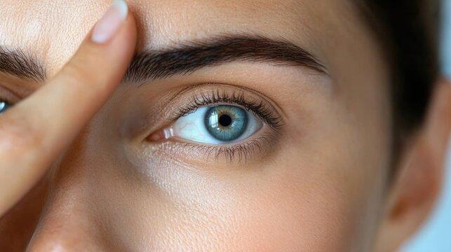 Close-up of a woman touching her eyelids, pointing at wrinkles, cosmetic concerns about eye area