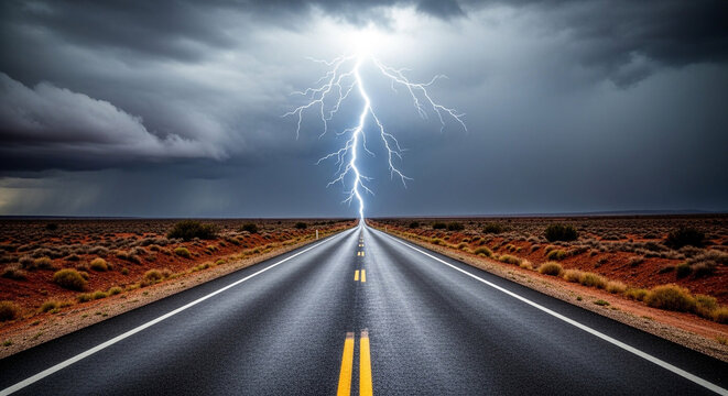 Dramatic lightning strike over empty highway in stormy desert landscape