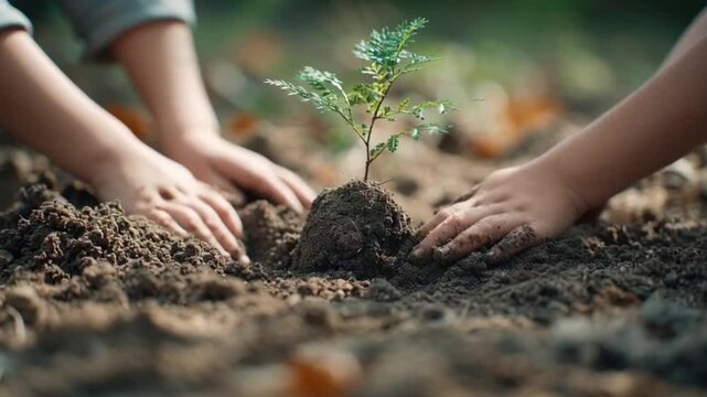 Children Planting Young Tree Sapling in Rich Soil