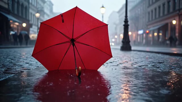 Abandoned Red Umbrella in Rainy City Street - A vibrant red umbrella lies upside down in a puddle on a wet cobblestone street.