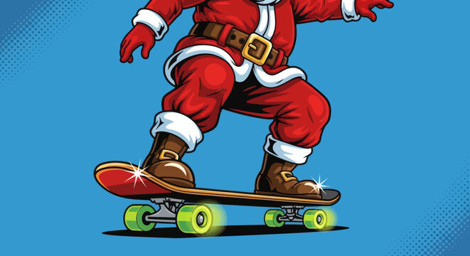Modern Santa Claus Shredding the Street on a Skateboard, Bringing Holiday Cheer with a Contemporary Twist