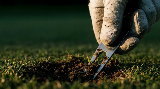Gardener repairing golf course turf with specialized tool in sunlight