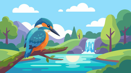 Naklejka premium A beautiful illustration showcases a vibrant kingfisher perched on a branch, overlooking a serene river and lush greenery, capturing the essence of nature's beauty and tranquility.