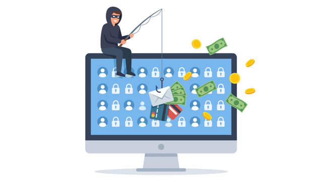A digital illustration depicting a hacker attempting phishing attacks on users, symbolizing the importance of cybersecurity awareness and protecting personal information online.