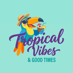 Naklejka premium A vibrant illustration of a toucan wearing sunglasses and a straw hat, enjoying a tropical drink, capturing the essence of summer and fun vibes.