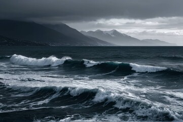 Fototapeta premium Dramatic landscape of stormy winter sea and snow-capped mountains