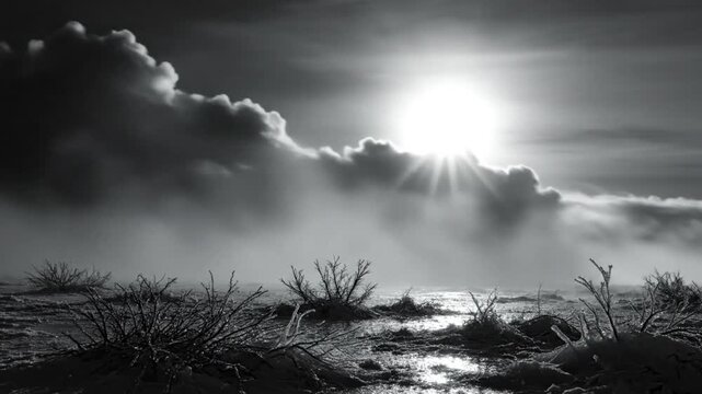 Dramatic black and white landscape of sun bursting through clouds with sunbeams over icy frozen ground and shrubs