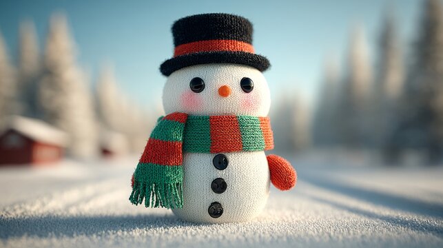 A snowman with a black top hat and a colorful scarf is positioned within a snowy landscape