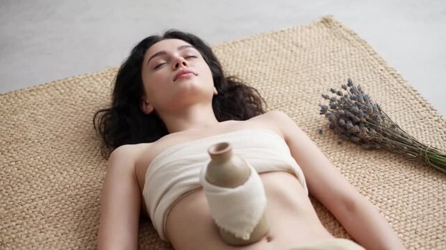 A young woman uses warm compress for hormonal discomfort during self-care moment, Generative AI