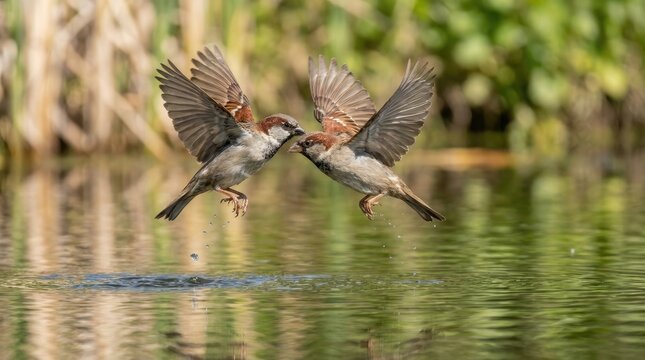 Two sparrows mid-flight courtship display over reflective pond, vibrant natural lighting, dynamic wingspan action, serene wetland ecosystem