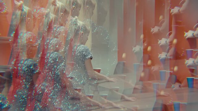 A young girl in a sparkly dress plays a party game with red cups and ping pong balls. The video features a vibrant, surreal kaleidoscopic effect showing multiple layers of motion