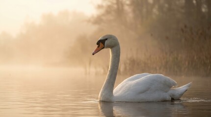 Fototapeta premium Graceful white swan swimming serenely in misty dawn waters, golden-hour lighting reflecting on calm lake surface, tranquil nature scene with soft backlit reeds and blurred forest background