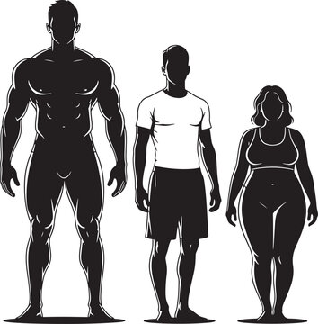 Silhouette people, fitness illustrations, body types, black and white, vector graphics