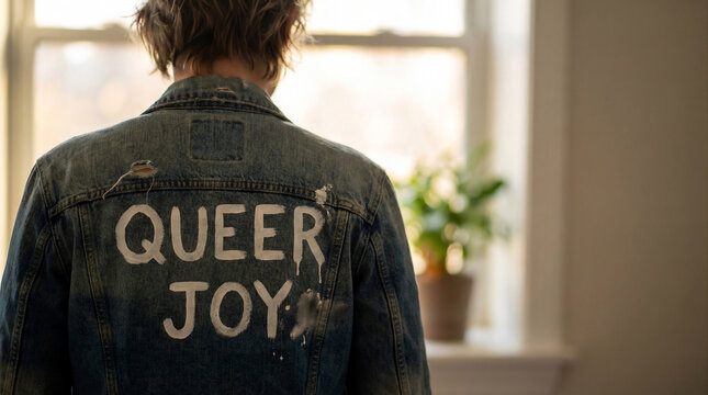 Denim jacket back with hand‑painted QUEER JOY text, soft silhouette, window light