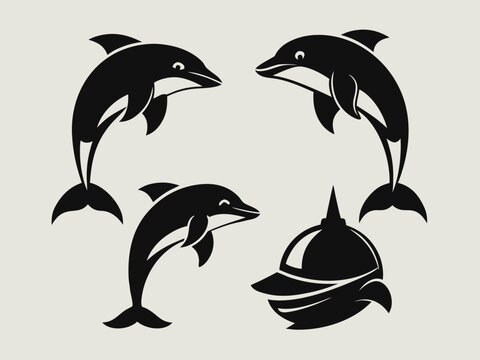 Four stylized black and white dolphins swimming in formation