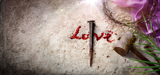 Jesus Sacrificed For Love - Blood Sign Written On Dirt - Crown Of Thorns And Purple Robe On Calvary © Romolo Tavani