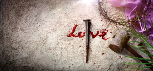 Jesus Sacrificed For Love - Blood Sign Written On Dirt - Crown Of Thorns And Purple Robe On Calvary © Romolo Tavani