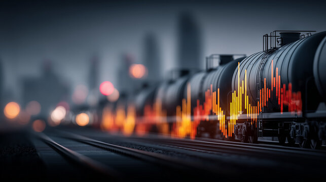 Freight train journey urban landscape digital art evening setting low angle industrial vibes with soundwave effects