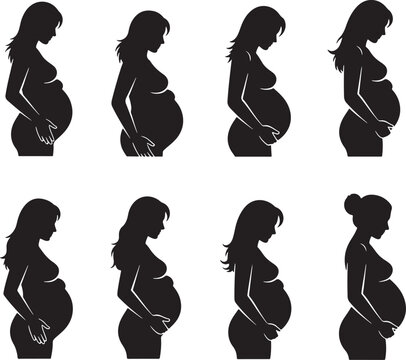 Pregnancy silhouettes, pregnant women icons, maternity vector set, black pregnant profiles