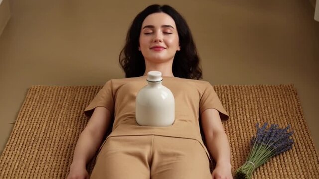 A young woman uses warm compress for hormonal discomfort during self-care moment, Generative AI