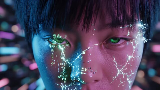 Digital Identity Young Person - A close-up shot of a young individual looking at the viewer, digitally enhanced with binary code over their face.
