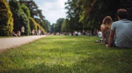 Fototapeta premium Peaceful park scene with people relaxing on a sunny green lawn surrounded by trees and a blurred background