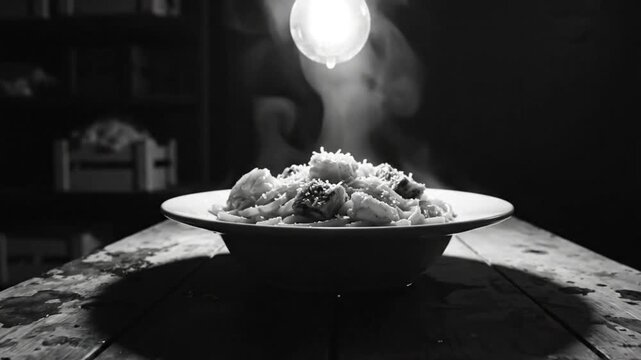 Black and white close up of a steaming plate of pasta with parmesan cheese, dramatic lighting and wooden table