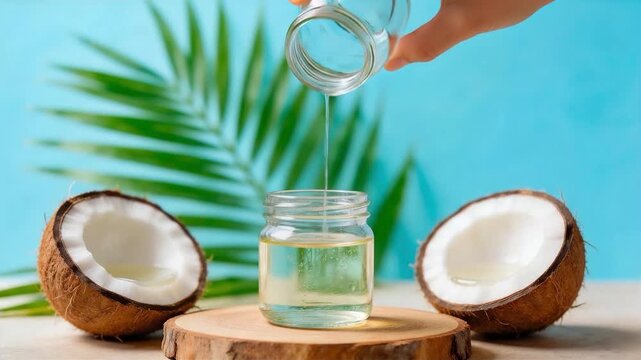 Fresh coconut oil pouring into a small glass jar with cracked coconuts and palm leaf, suitable for natural beauty, healthy cooking, organic products, wellness, and tropical themes.