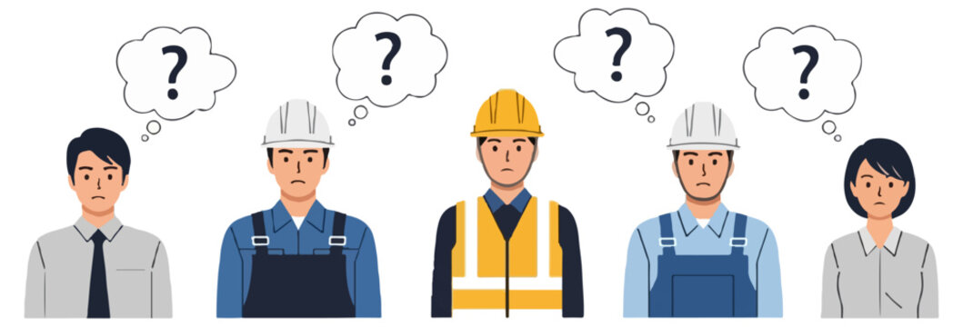 A row of five diverse professionals and industrial workers with question mark speech bubbles above their heads on a plain white background.