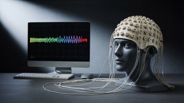Brain wave monitoring headband on mannequin with computer screen