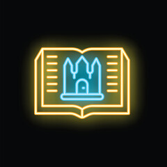 Obraz premium Neon open book with fairytale castle inside glowing on dark background