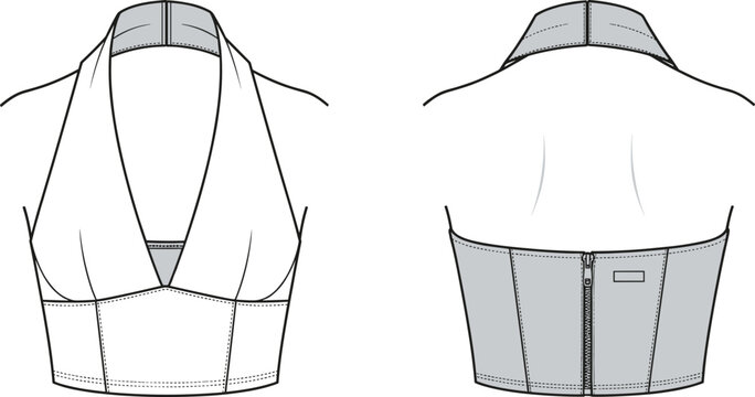 Technical cad drawing flat vector illustration of women's halter neck crop top with corset seams, back zipper and front view.