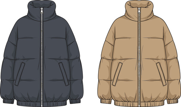 CAD drawing flat vector illustration of a quilted puffer jacket with high collar, front zipper, pockets, and elastic hem detail