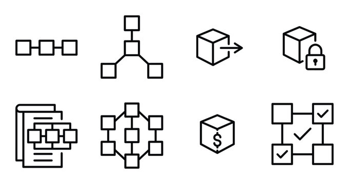 Abstract blockchain and network flow diagrams with icons on transparent background