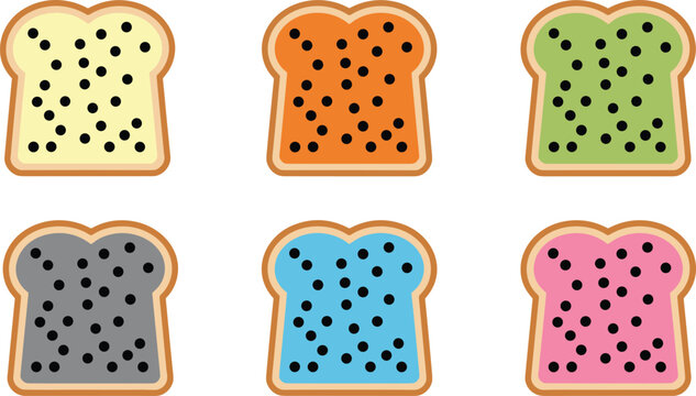 Set of six colorful toast bread icons with black seeds or poppy toppings in vibrant and pastel