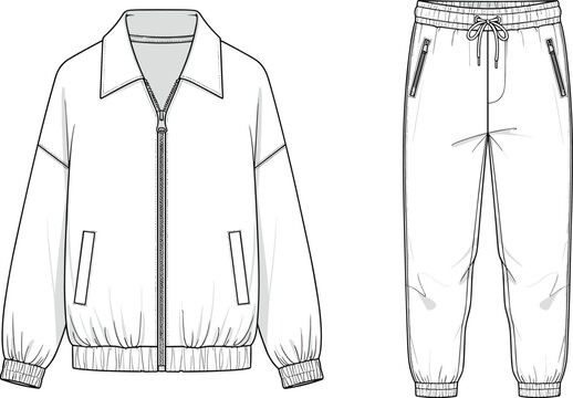 Technical CAD drawing flat vector illustration of a men's zip-up track jacket and matching jogger pants streetwear tracksuit fashion set.