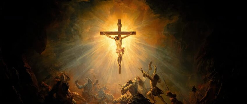 Crucifixion of christ triumphing over darkness. redemption, sacrifice, and salvation.
