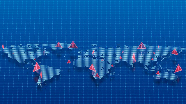 Global digital world map with warning alerts and risk indicators across continents, representing cybersecurity threats, crisis monitoring, and data protection systems, 3D rendering.