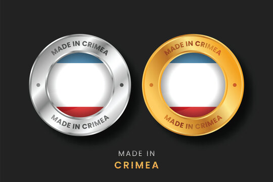 Circular gold and silver labels with the Crimea flag. High-quality "Made in Crimea" emblems for regional products, exports, and manufacturing origin certification.