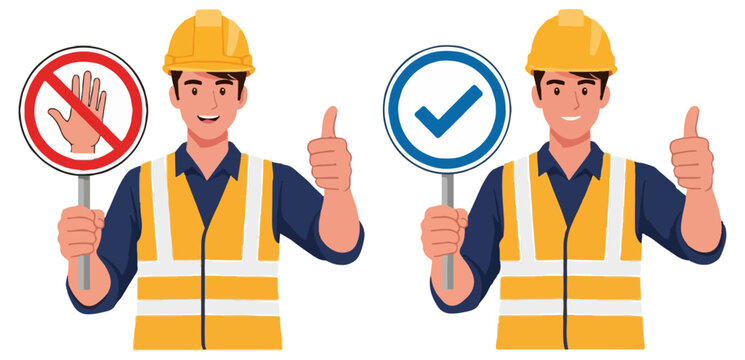 Two male construction workers in yellow safety helmets and reflective vests holding circular stop and check mark signs while giving a thumbs up gesture.