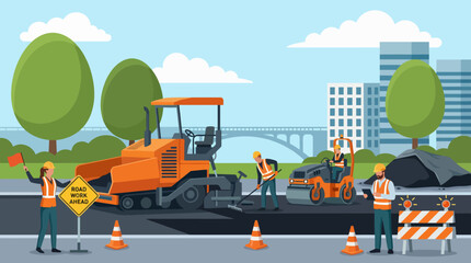 Fototapeta premium This vibrant illustration showcases construction workers engaged in roadwork, with machinery, traffic cones, and a city backdrop, illustrating the hustle and bustle of urban development.