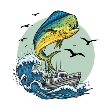 Mahi mahi jumping out of water with fishing boat on big ocean waves and sunset background